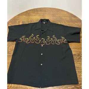 Vintage Johnny Suede Shirt Mens XL Black Flame Embroidered Button Up